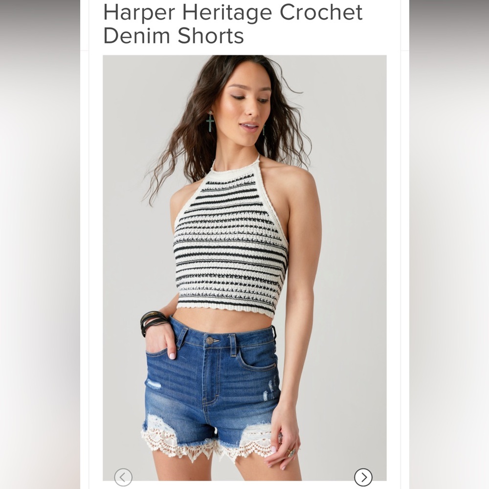 Francesca's Collections Blue Denim Jean Shorts with White Crochet Trim